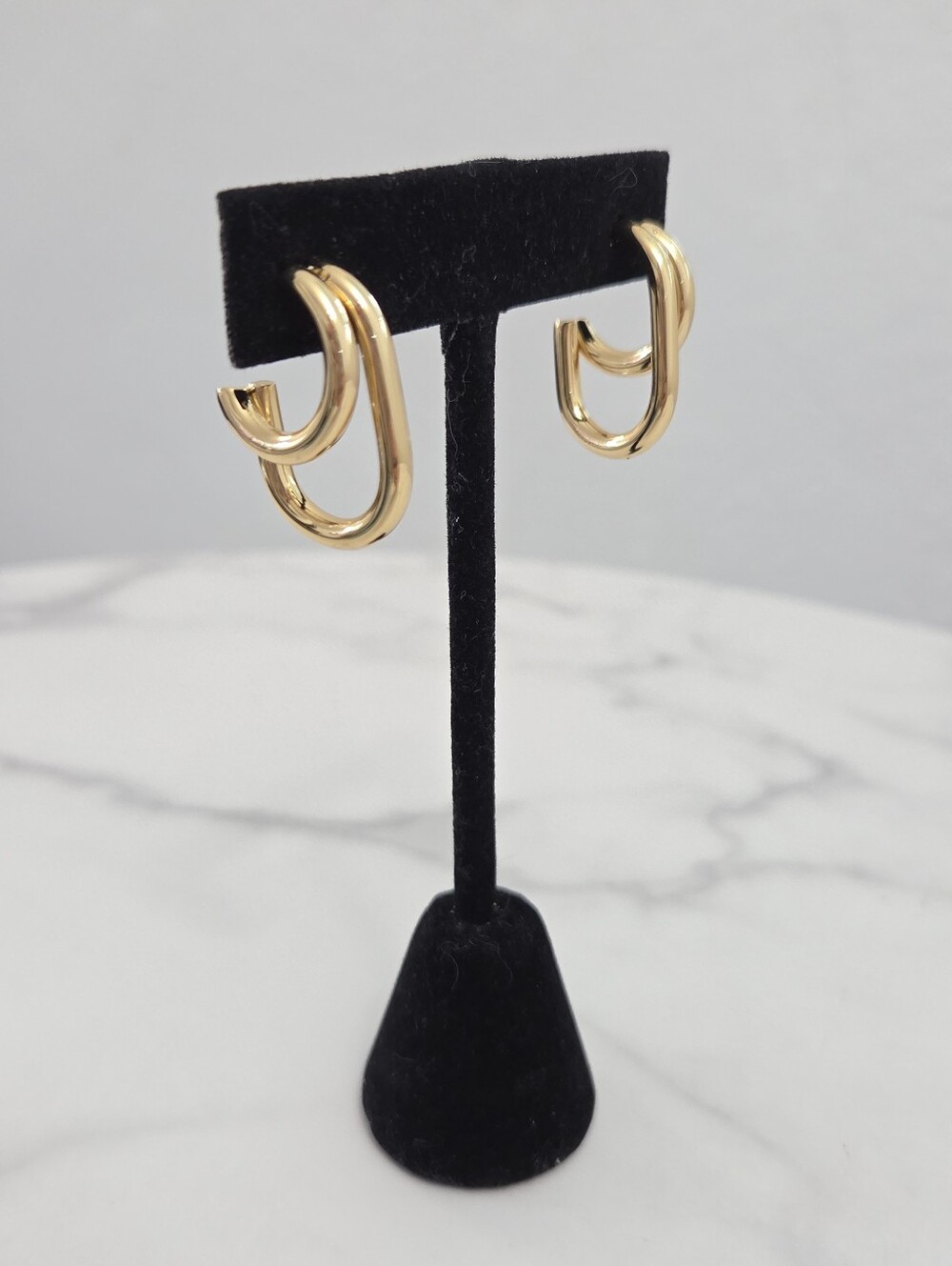 Gold Double Hoop Earrings Chubby Oval Huggie Hoops Statement - Picture 8 of 12
